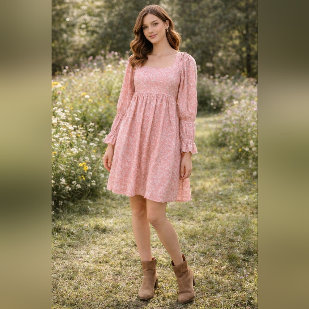 Pilcro Pink Floral Square-Neck Puff-Sleeve Mini Dress